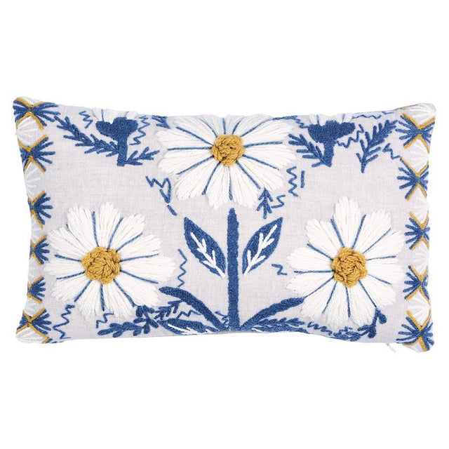 Schumacher Blue & Ochre 15" x 9" Marguerite Embroidery Pillow A