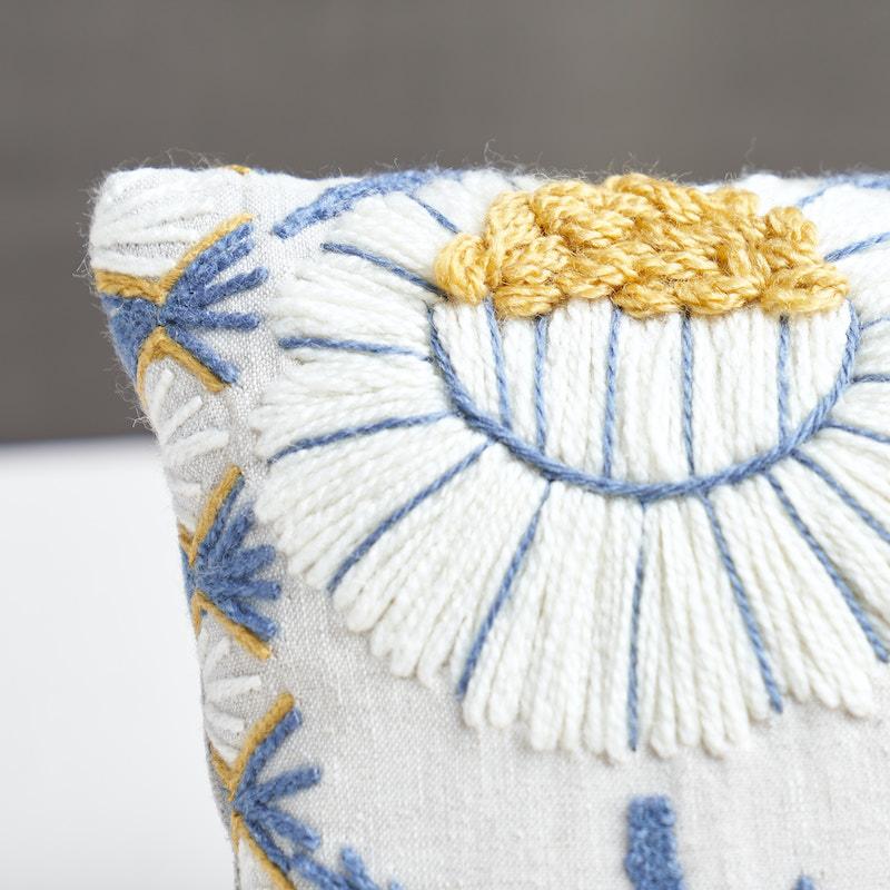 Schumacher Blue & Ochre 15" x 9" Marguerite Embroidery Pillow B