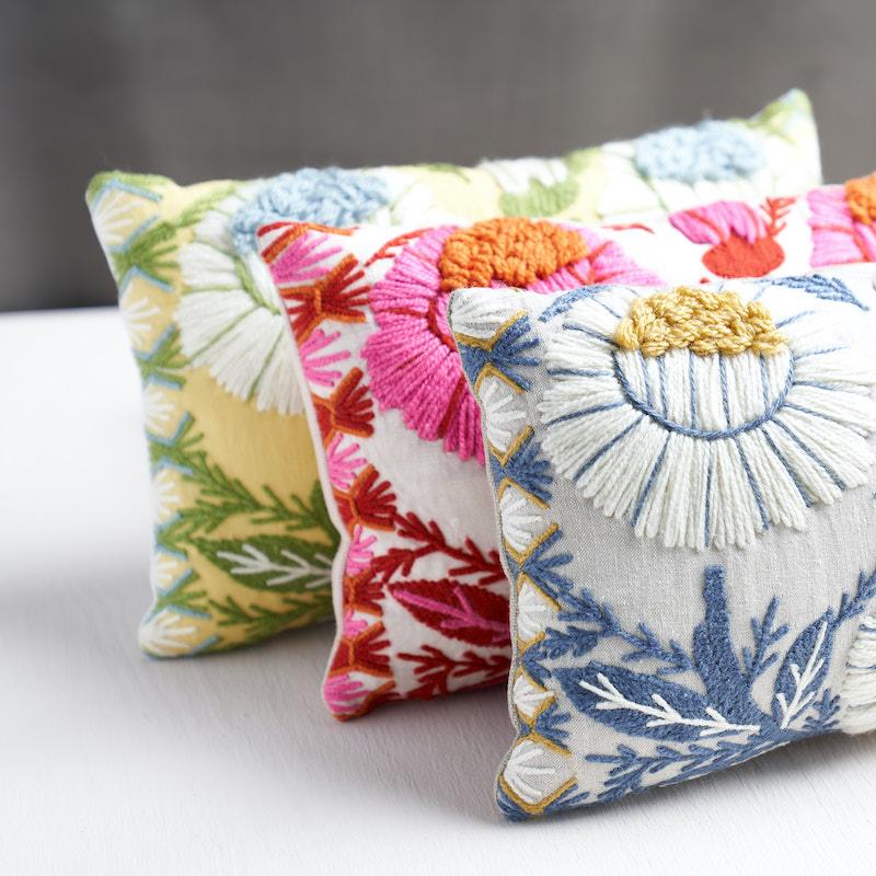 Schumacher Marguerite Embroidery  B Blue & Ochre 15" x 9" Pillow