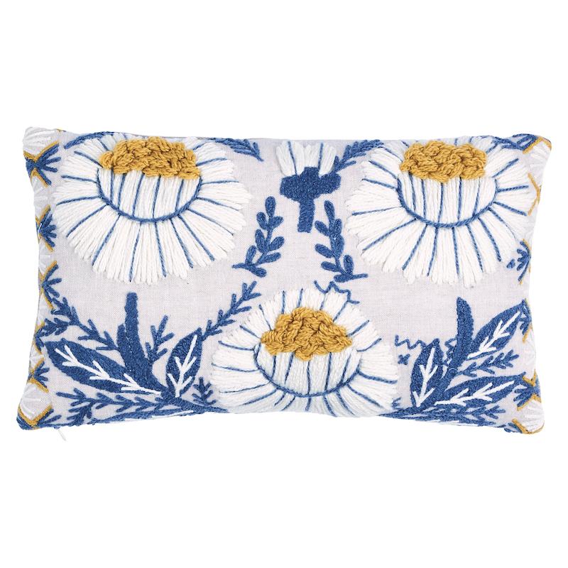 Schumacher Blue & Ochre 15" x 9" Marguerite Embroidery Pillow B