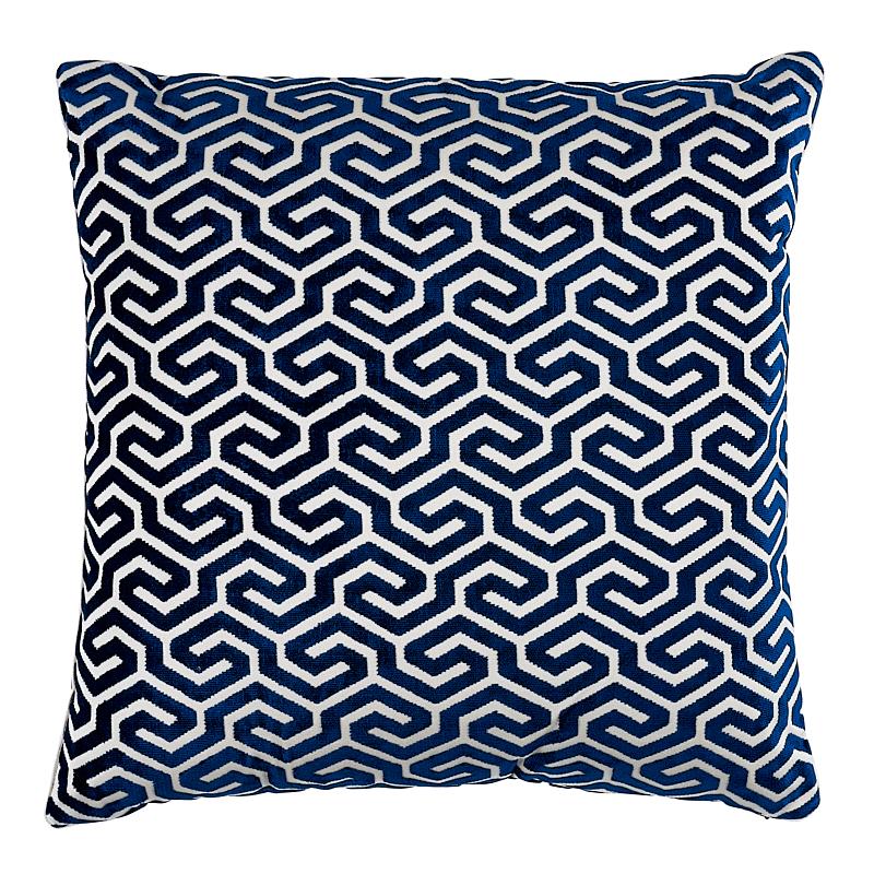 Schumacher Navy 20" x 20" Ming Fret Velvet Pillow