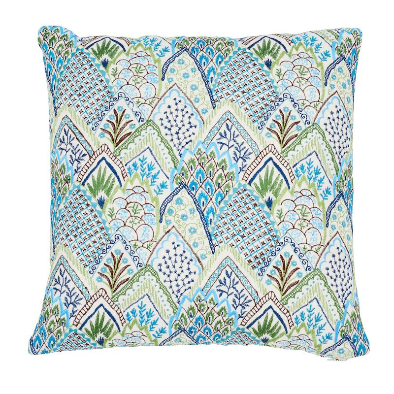 Schumacher Albizia Embroidery Blue & Green 18" x 18" Pillow
