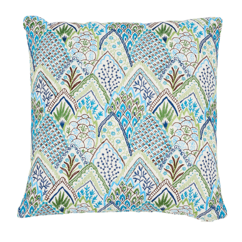 Schumacher Albizia Embroidery Blue & Green 20" x 20" Pillow