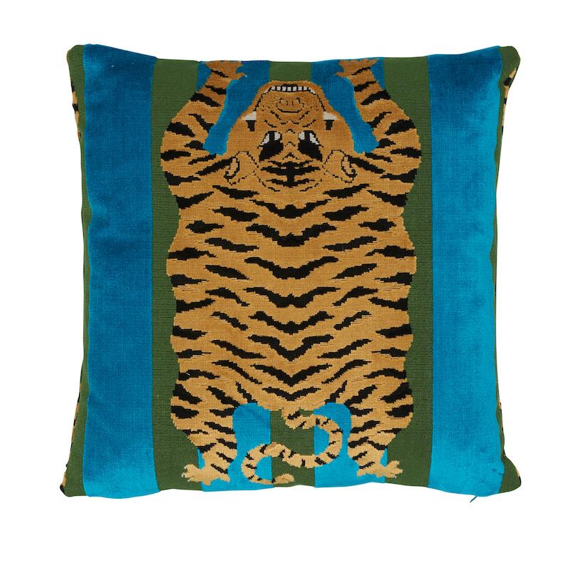 Schumacher Peacock & Olive 18" x 18" Jokhang Tiger Velvet Pillow