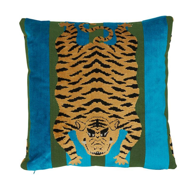 Schumacher Peacock & Olive 18" x 18" Jokhang Tiger Velvet Pillow