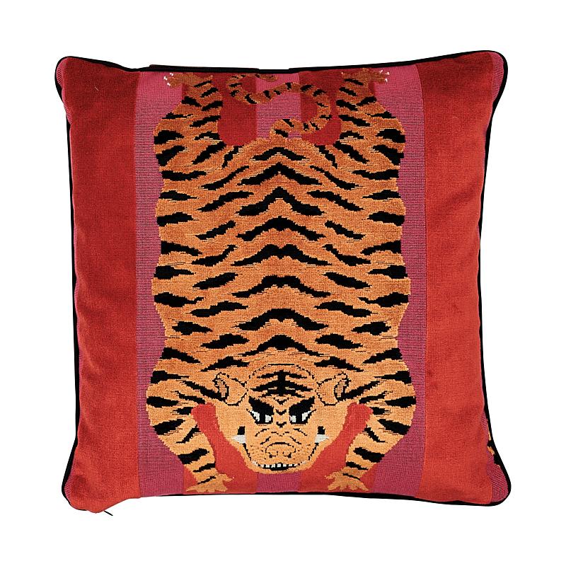 Schumacher Red & Pink 18" x 18" Jokhang Tiger Velvet Pillow
