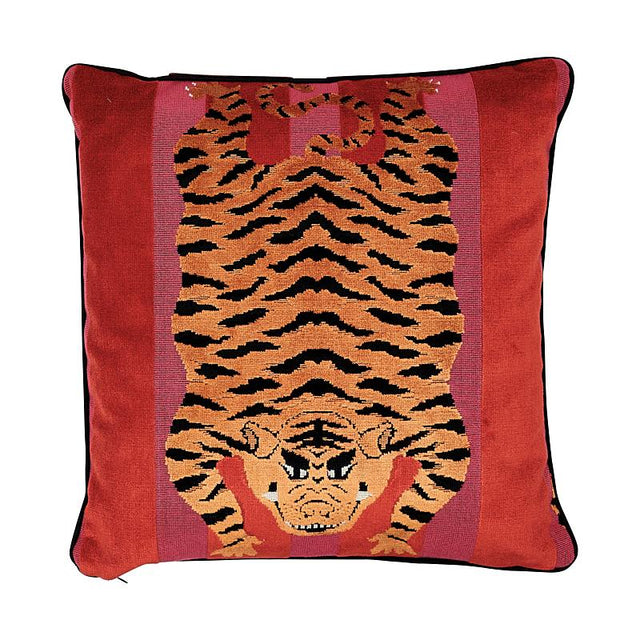 Schumacher Red & Pink 18" x 18" Jokhang Tiger Velvet Pillow