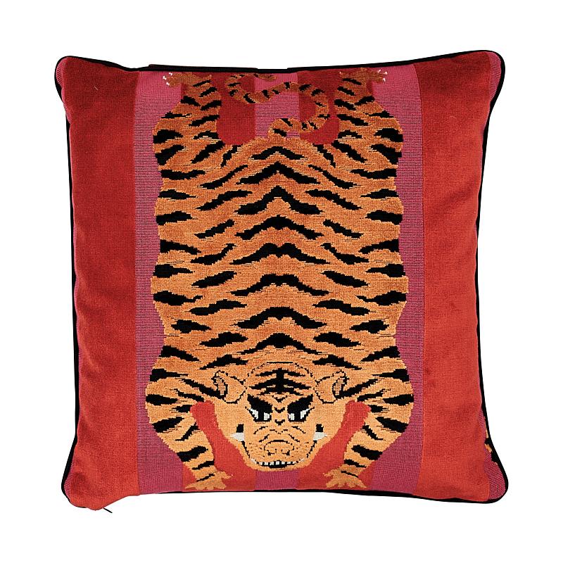 Schumacher Jokhang Tiger Velvet Red & Pink 18" x 18" Pillow