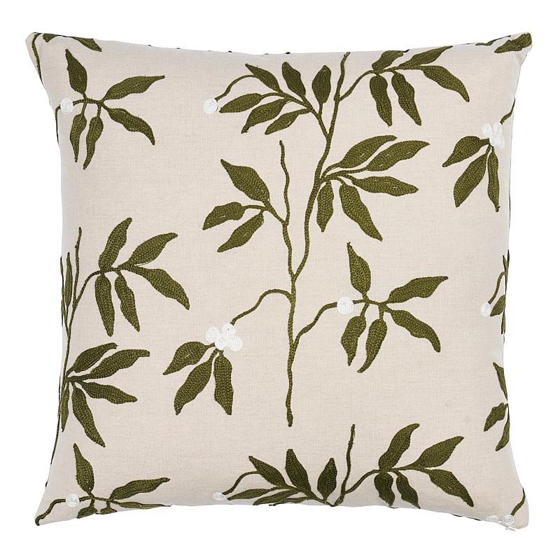 Schumacher Lilla Embroidery Olive On Neutral 20" x 20" Pillow