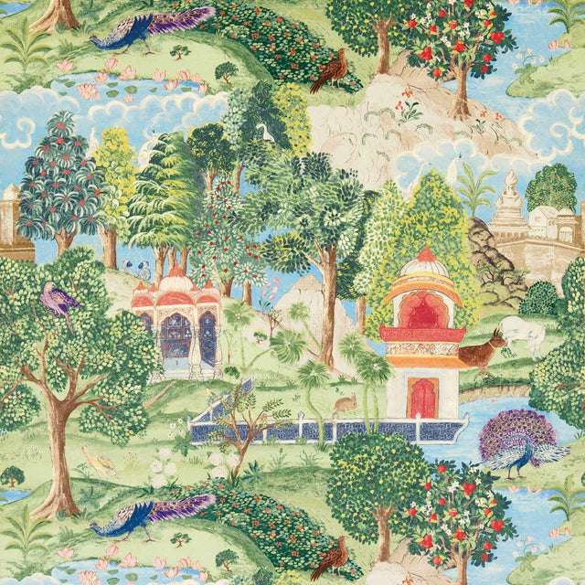 Zoffany Peacock Garden Green/Coral Fabric