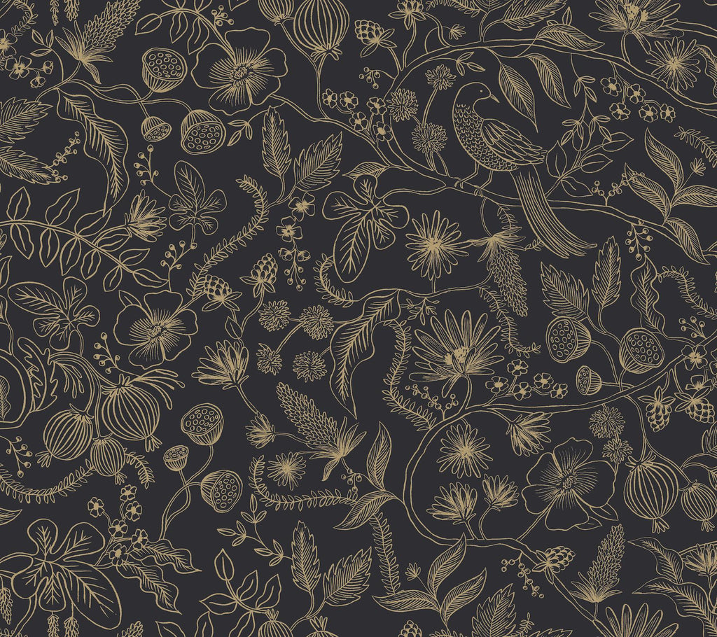 Rifle Paper Co. Aviary Peel and Stick Black/Gold Wallpaper