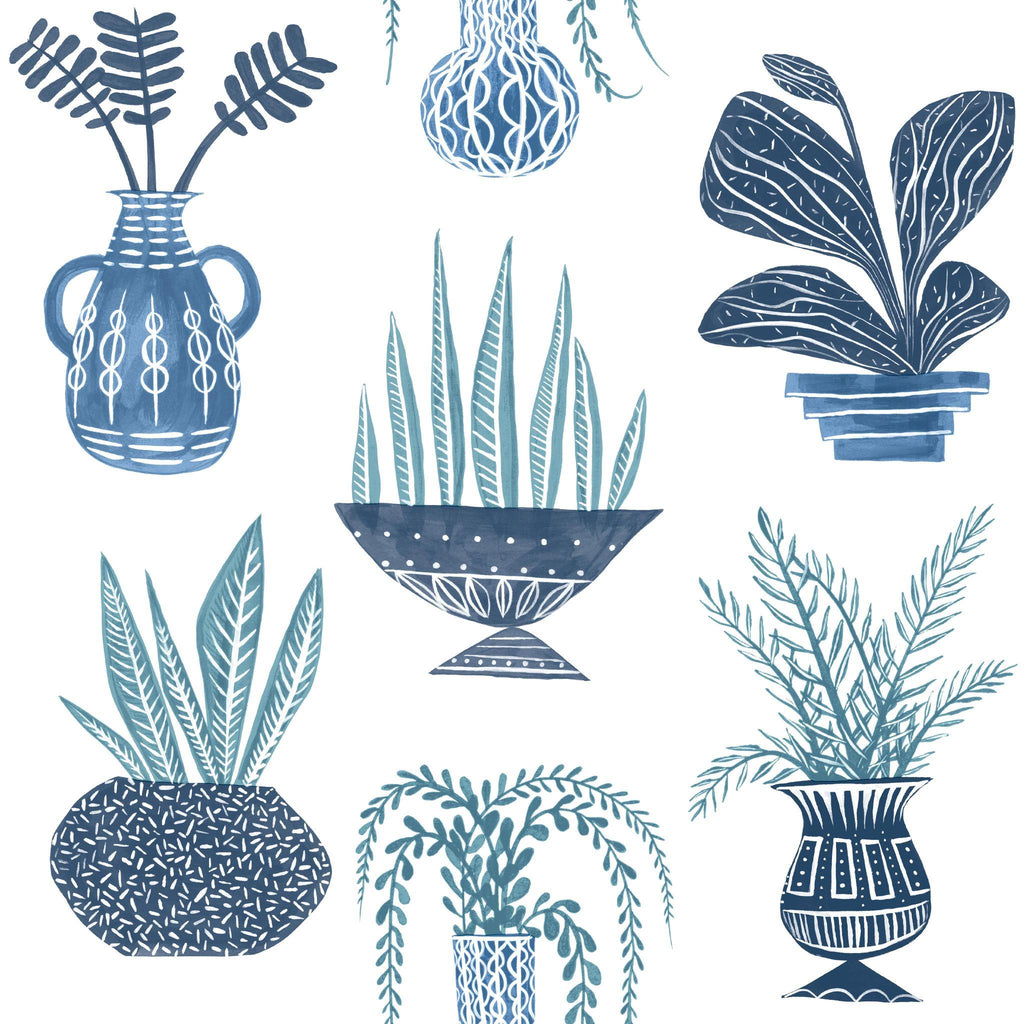 York Plant Party Peel and Stick Blue Wallpaper