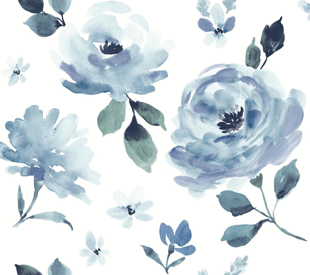 York Watercolor Blooms Peel and Stick Blue Wallpaper