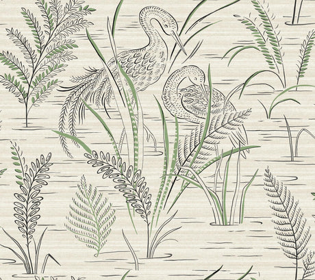 York Fernwater Cranes Black/Green Wallpaper