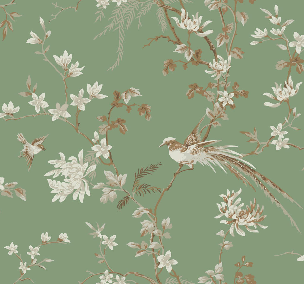 Ronald Redding Designs Bird And Blossom Chinoserie Green Wallpaper