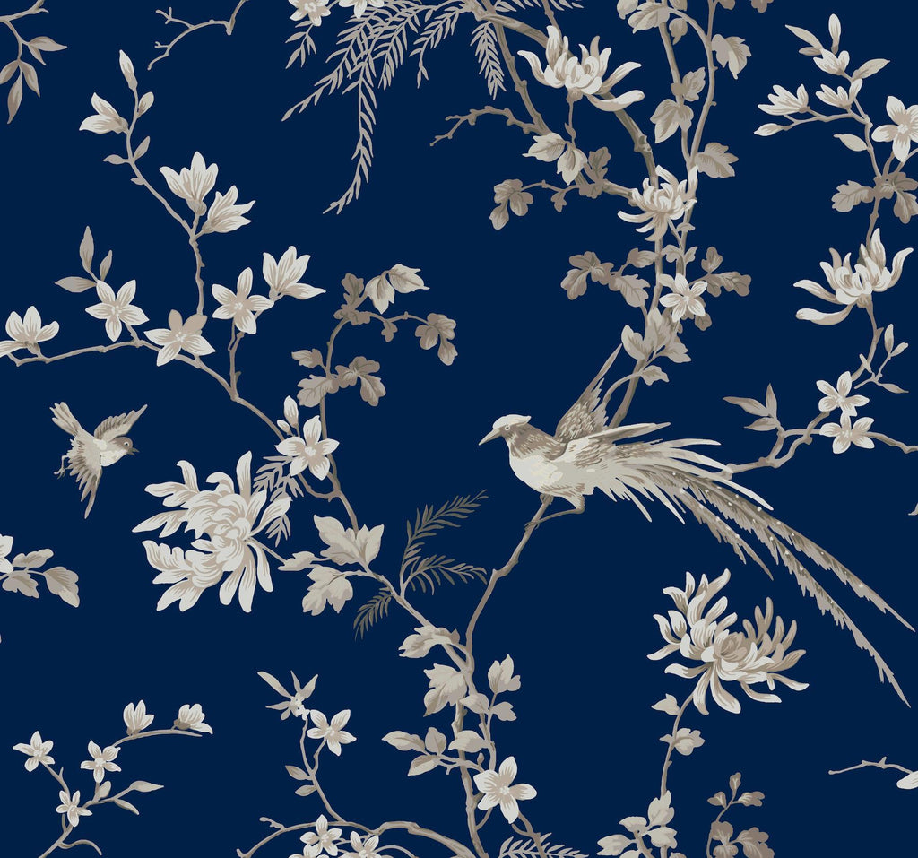 Ronald Redding Designs Bird And Blossom Chinoserie Blue Wallpaper