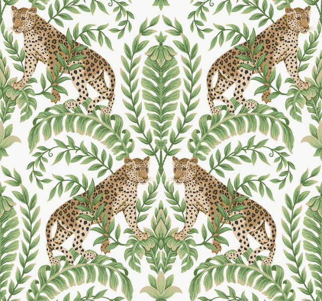 Ronald Redding Designs Jungle Leopard White/Green Wallpaper
