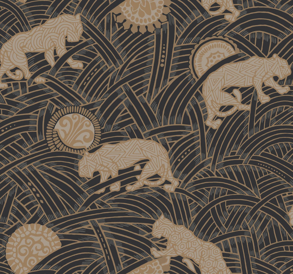 Ronald Redding Designs Tibetan Tigers Black/Taupe/Gold Wallpaper