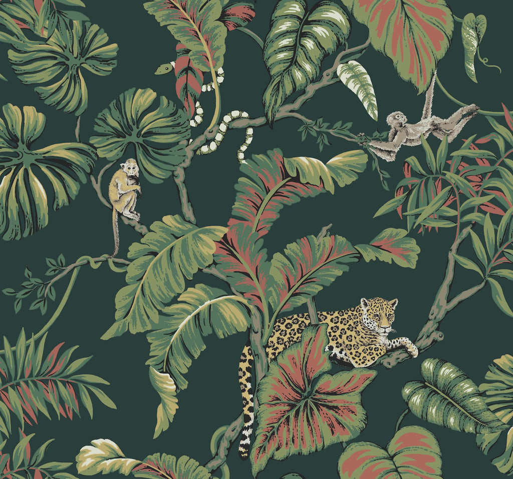 Ronald Redding Designs Jungle Cat Dark Green Wallpaper