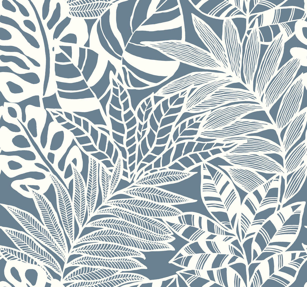 York Jungle Leaves Blue Wallpaper