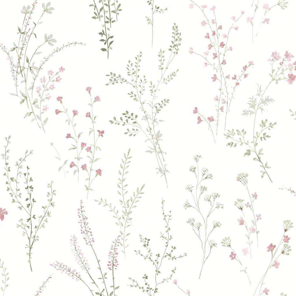 York Wildflower Sprigs Pink/Green/Gray Wallpaper