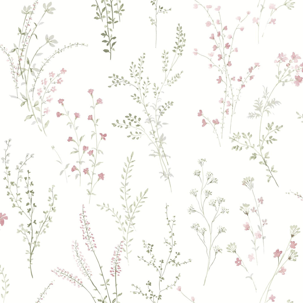York Wildflower Sprigs Pink/Green/Gray Wallpaper