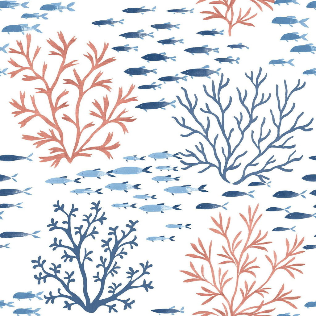 York Marine Garden Coral/Navy Wallpaper
