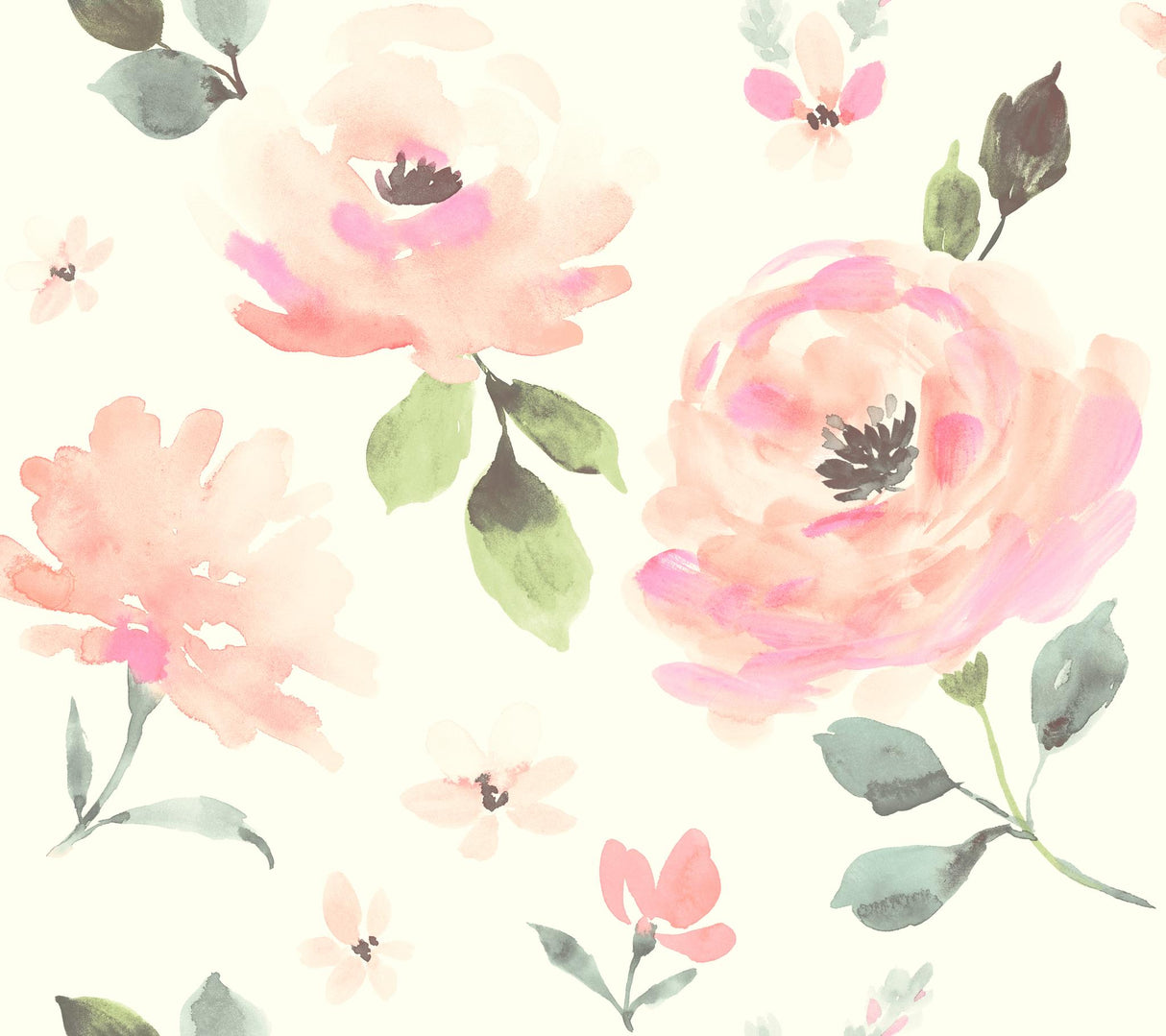 York Watercolor Blooms Pinks,Oranges,Greens Wallpaper