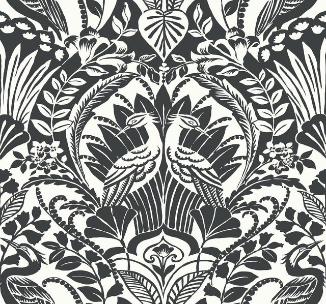York Egret Damask Black/White Wallpaper