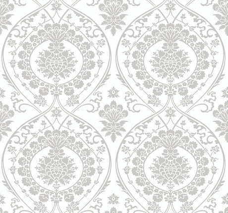 York Jaipur Paisley Damas Mural White/Silver Wallpaper