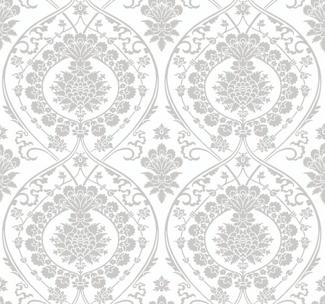 York Jaipur Paisley Damas Mural White/Silver Wallpaper