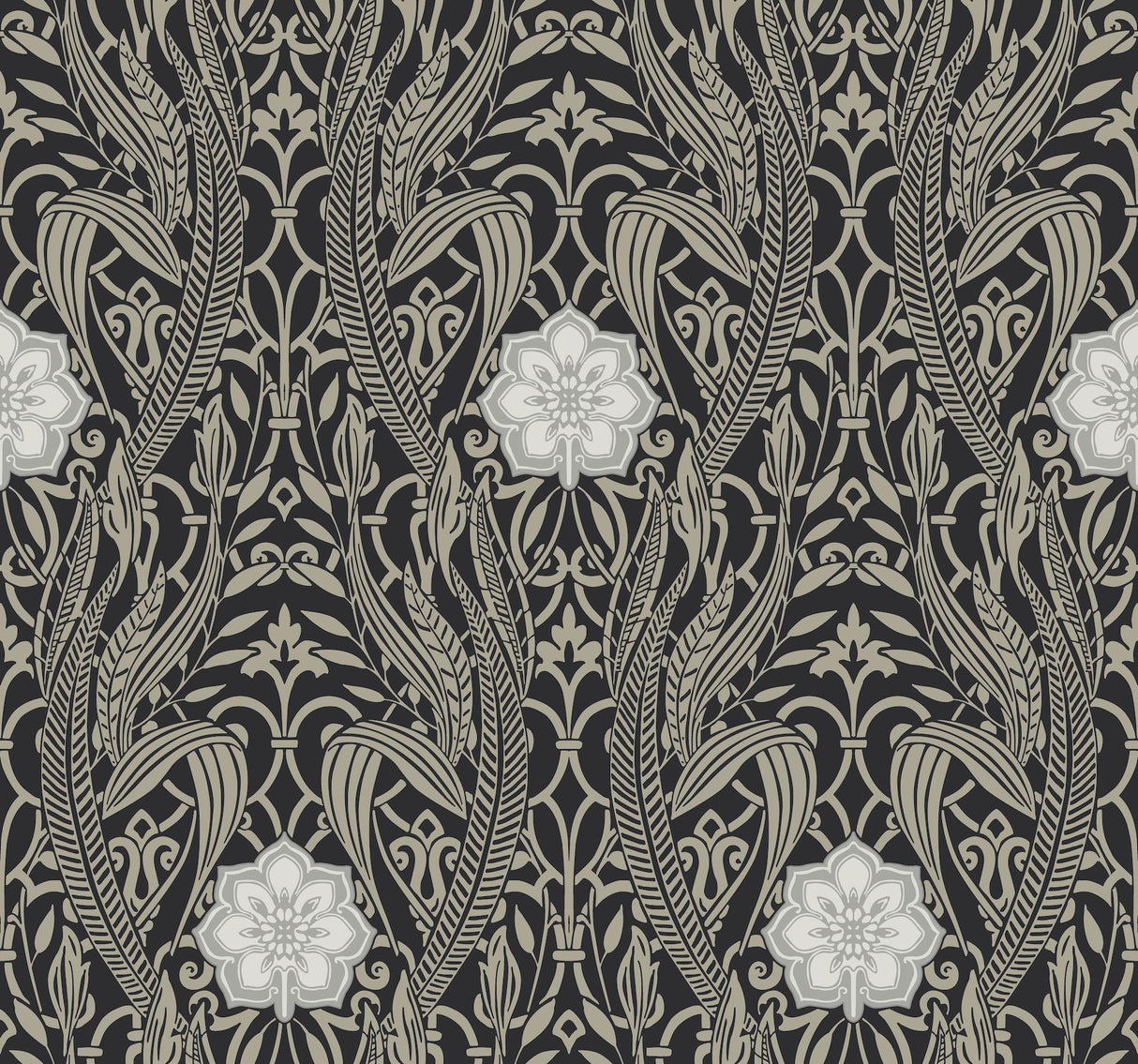 York Egret Damask Black Wallpaper