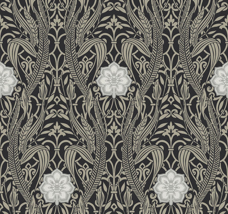 York Egret Damask Black Wallpaper