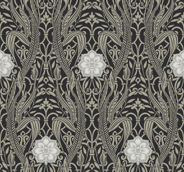 York Egret Damask Black Wallpaper