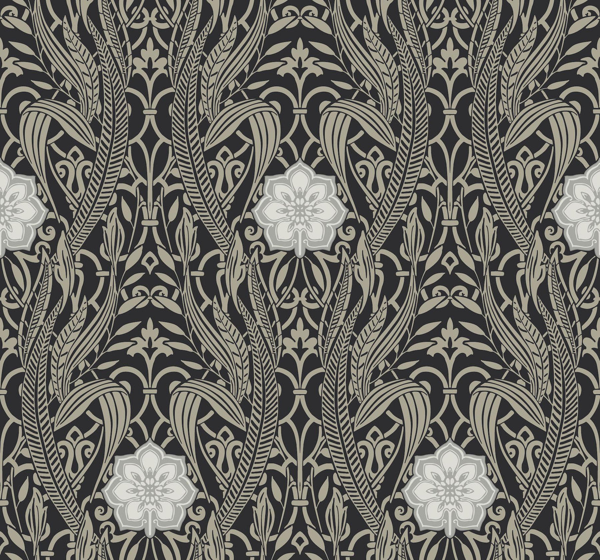 York Egret Damask Black Wallpaper
