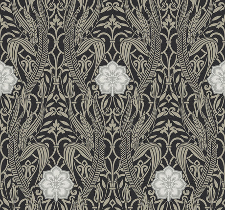 York Egret Damask Black Wallpaper