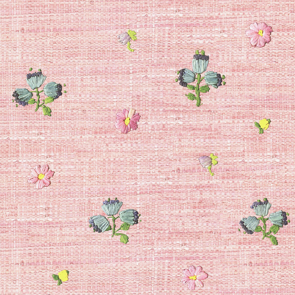 Brewster Home Fashions Gerda Hand Embroidered Raffia Look Pink Wallpaper