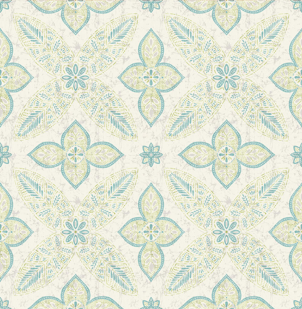 A-Street Prints Off Beat Ethnic Geometric Floral Turquoise Wallpaper