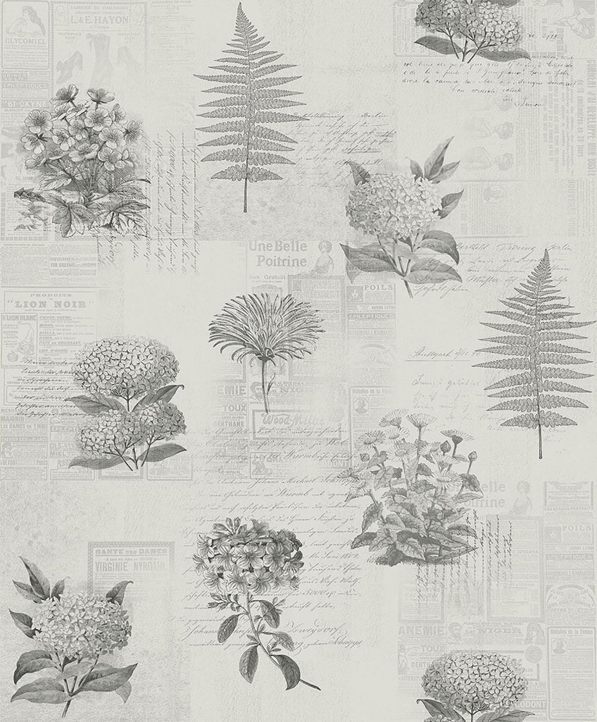 Brewster Home Fashions Mixed Flowers Field Notes Grey Wallpaper