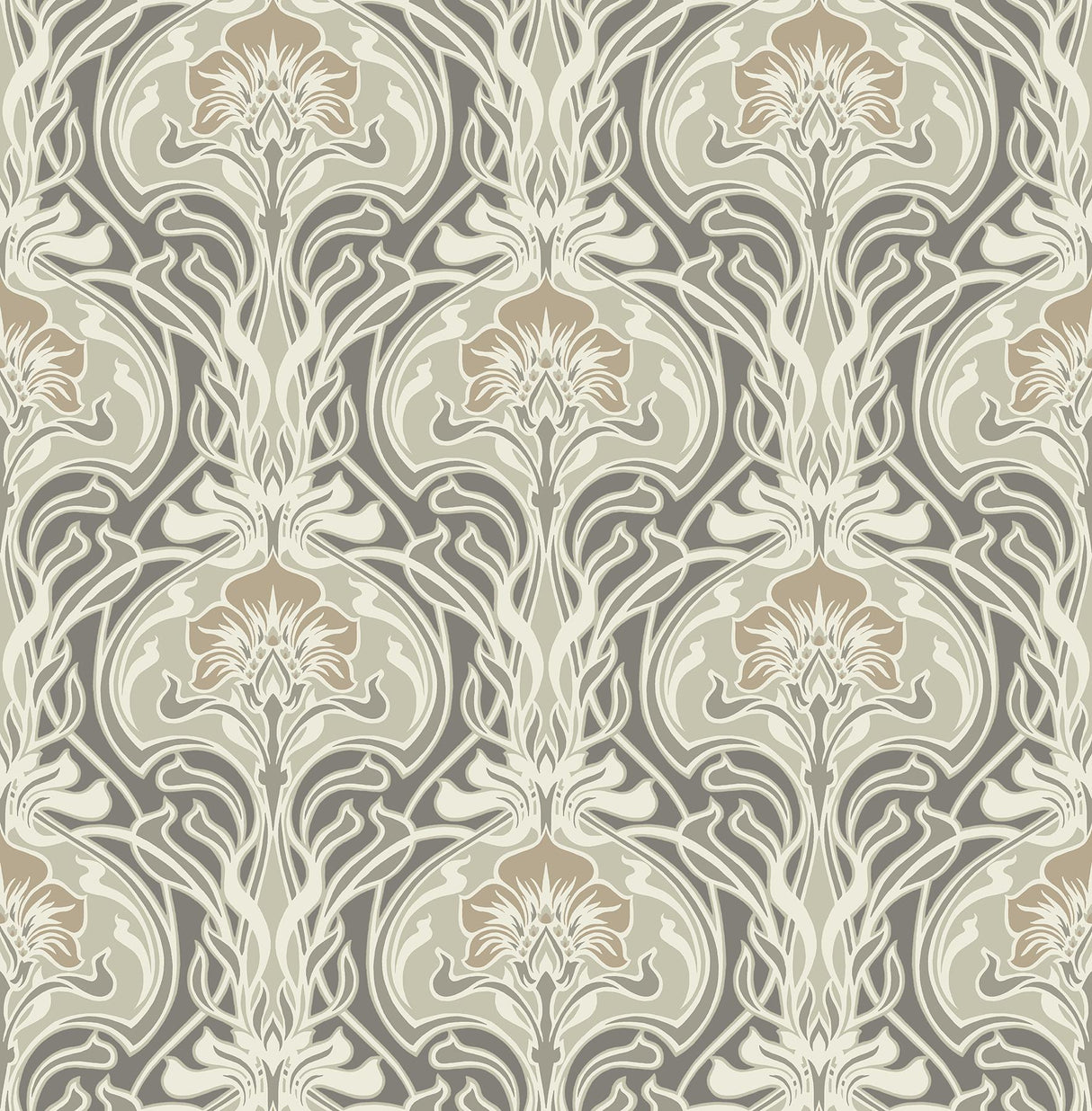 A-Street Prints Mucha Dark Grey Botanical Ogee Wallpaper