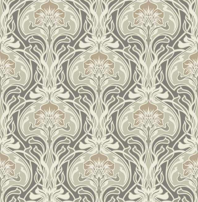 A-Street Prints Mucha Dark Grey Botanical Ogee Wallpaper