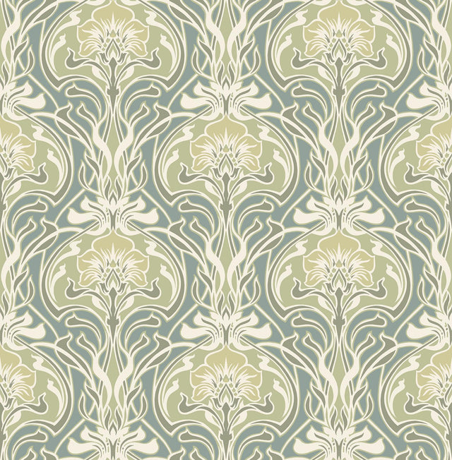 A-Street Prints Mucha Teal Botanical Ogee Wallpaper