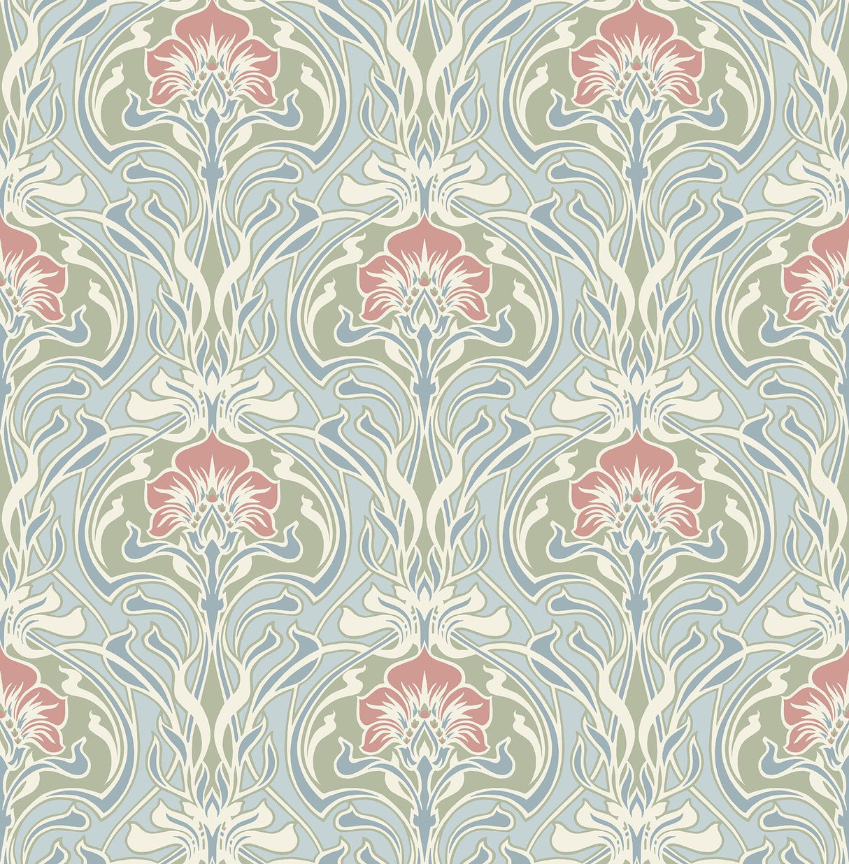 A-Street Prints Mucha Light Blue Botanical Ogee Wallpaper