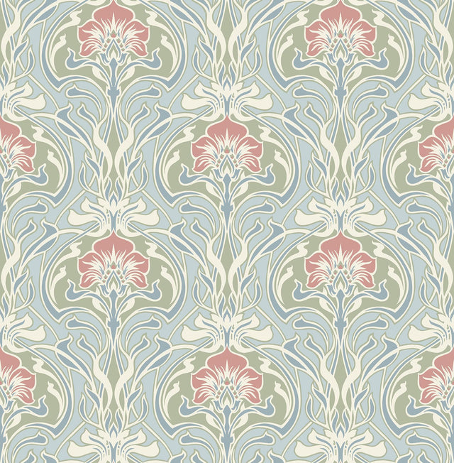 A-Street Prints Mucha Light Blue Botanical Ogee Wallpaper