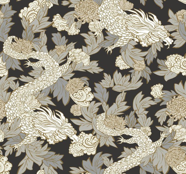 York Ming Dragon Black/Gold Wallpaper