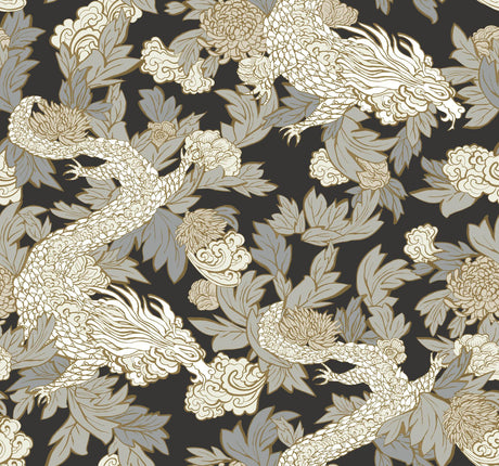 York Ming Dragon Black/Gold Wallpaper
