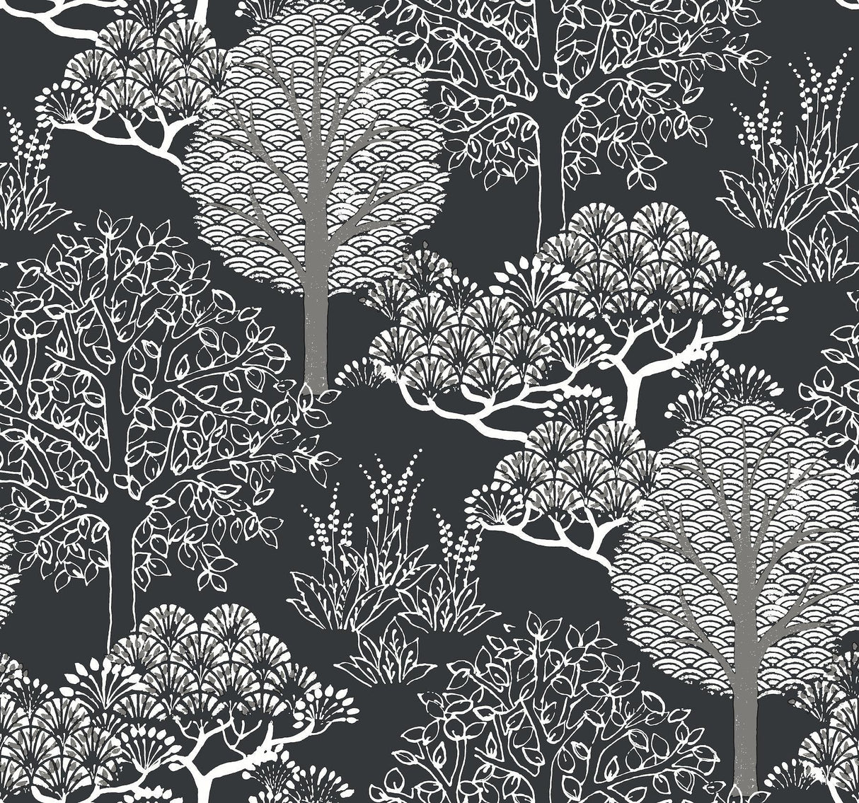 York Kimono Trees Black/Metallic Wallpaper