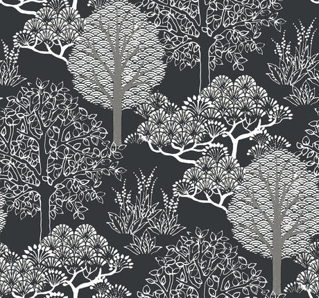 York Kimono Trees Black/Metallic Wallpaper