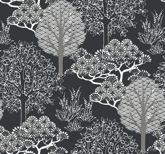 York Kimono Trees Black/Metallic Wallpaper