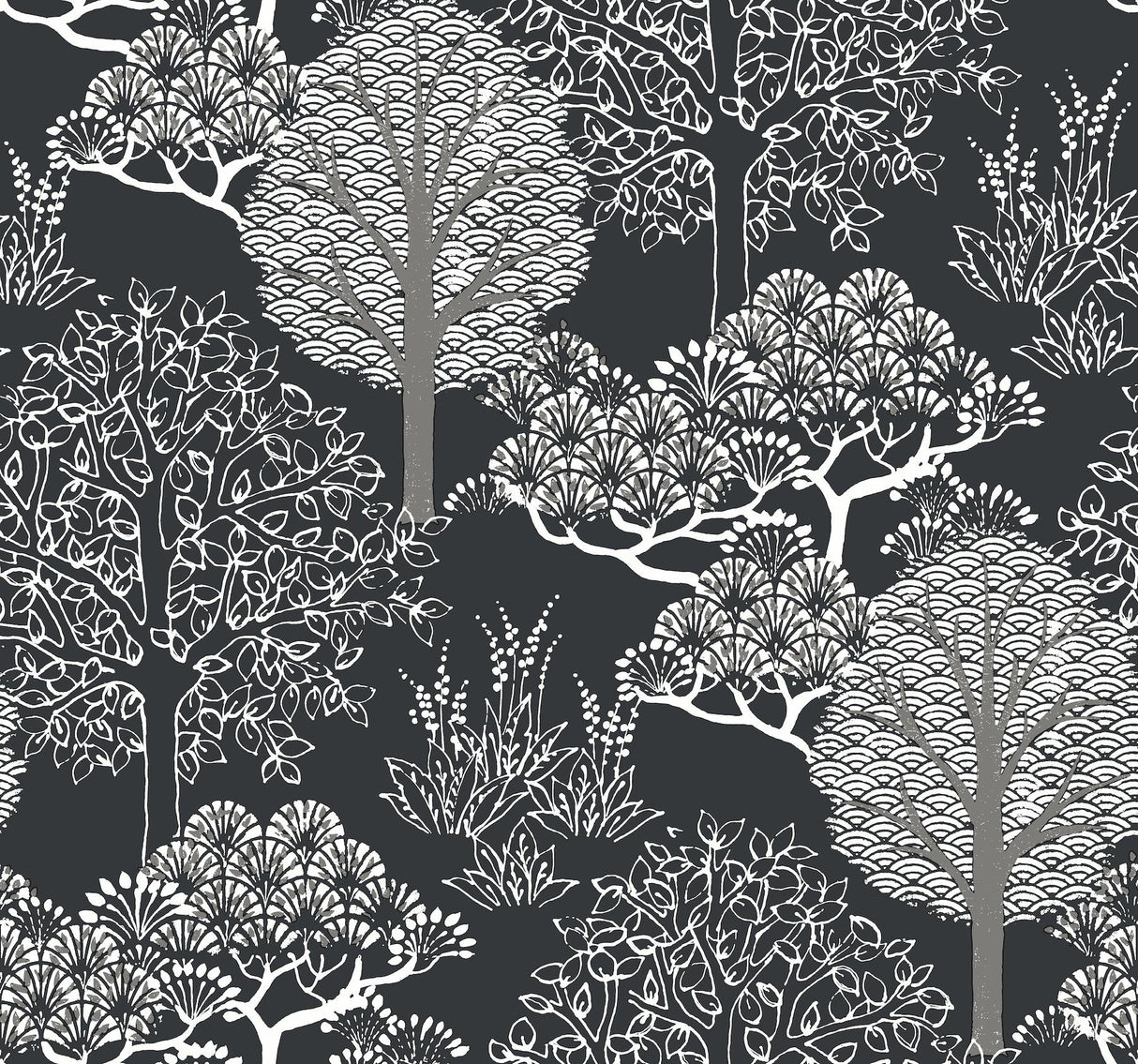 York Kimono Trees Black/Metallic Wallpaper